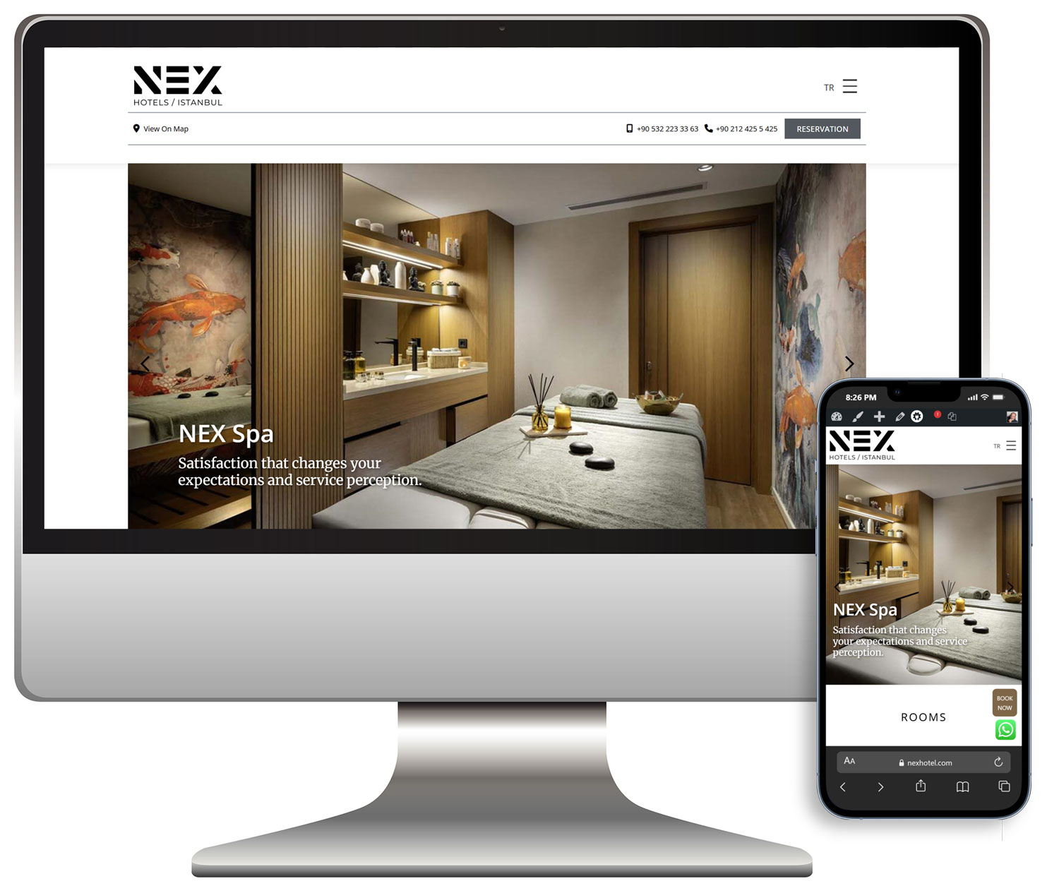 Modern dark luxury hotel lobby with minimalist furniture branding application